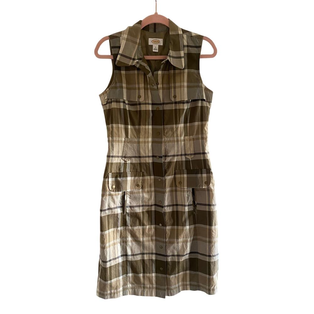 Vintage Talbots sleeveless olive and brown plaid shirt dress